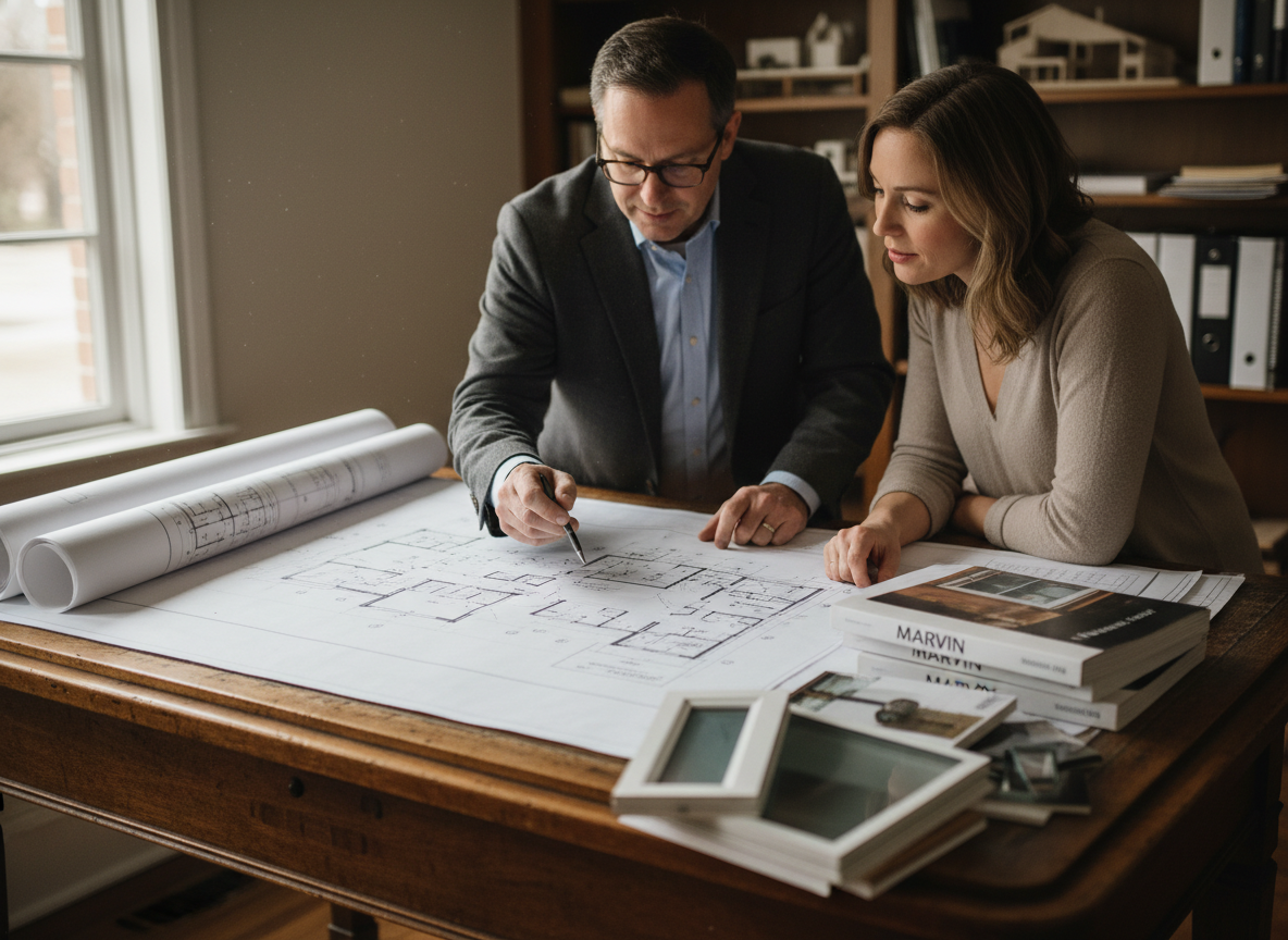 Architect reviewing custom home blueprints and floor plans