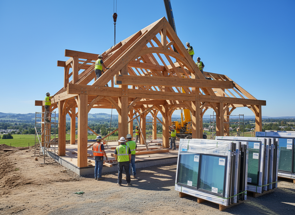 Custom home timber frame construction with Pella windows